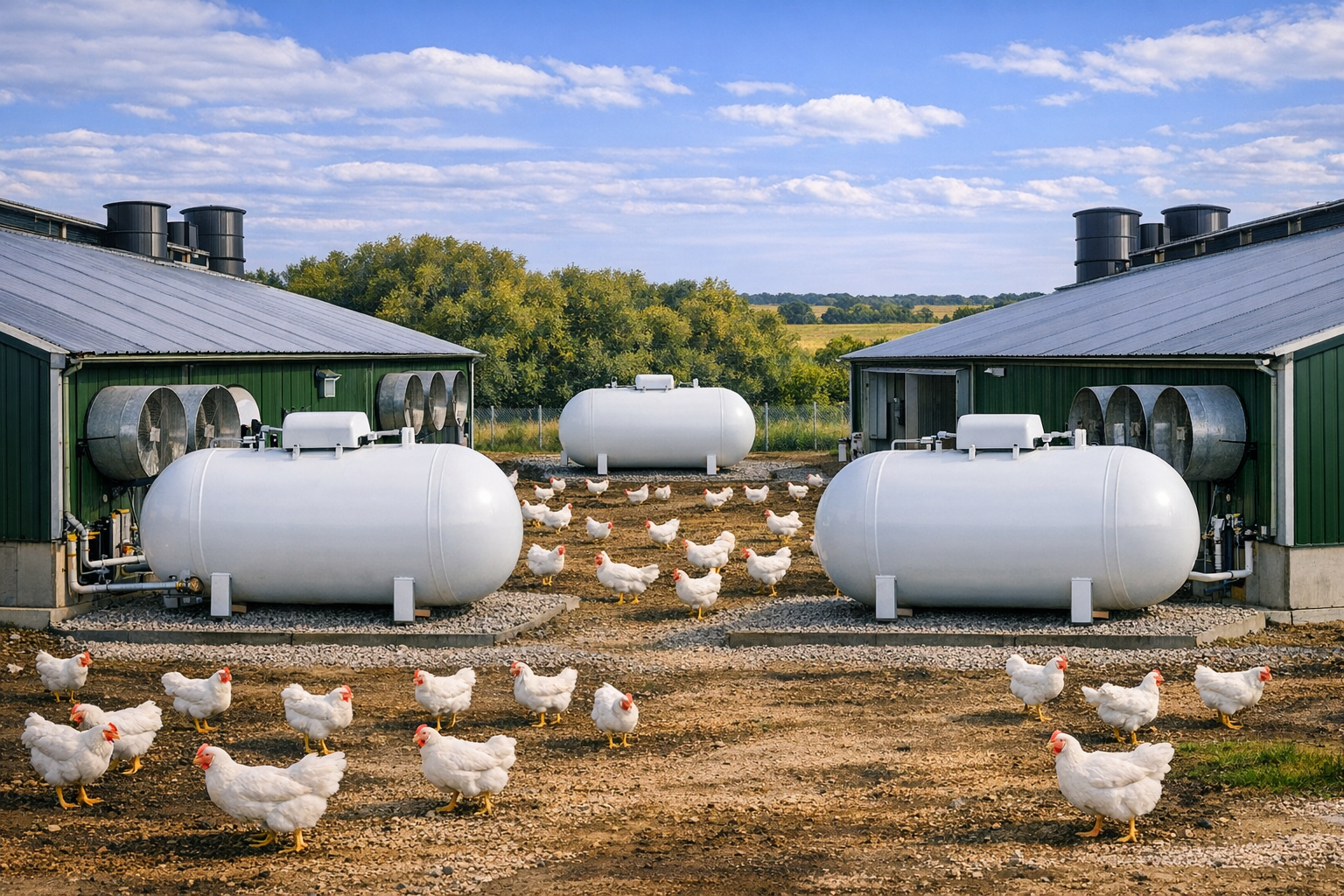 White chickens roaming outside between two green poultry buildings with white tanks and large fans.