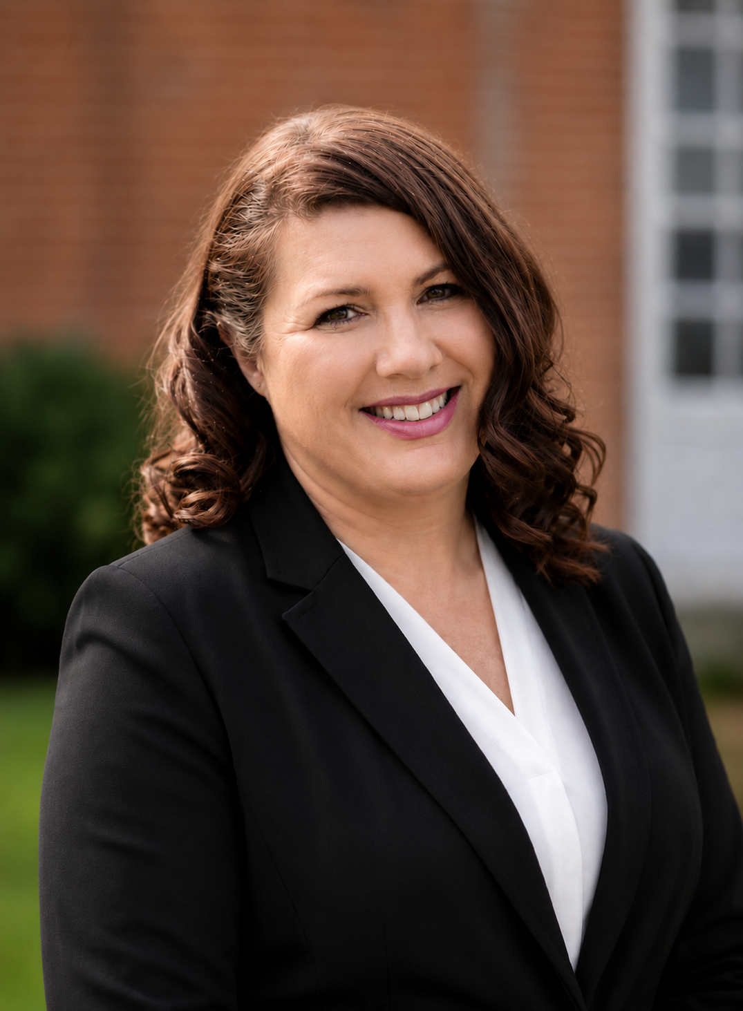 Smiling woman with curly brown hair wearing a black blazer and white blouse outdoors.