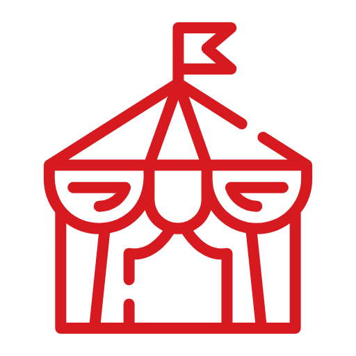 Red outline of a circus tent with a flag on top.