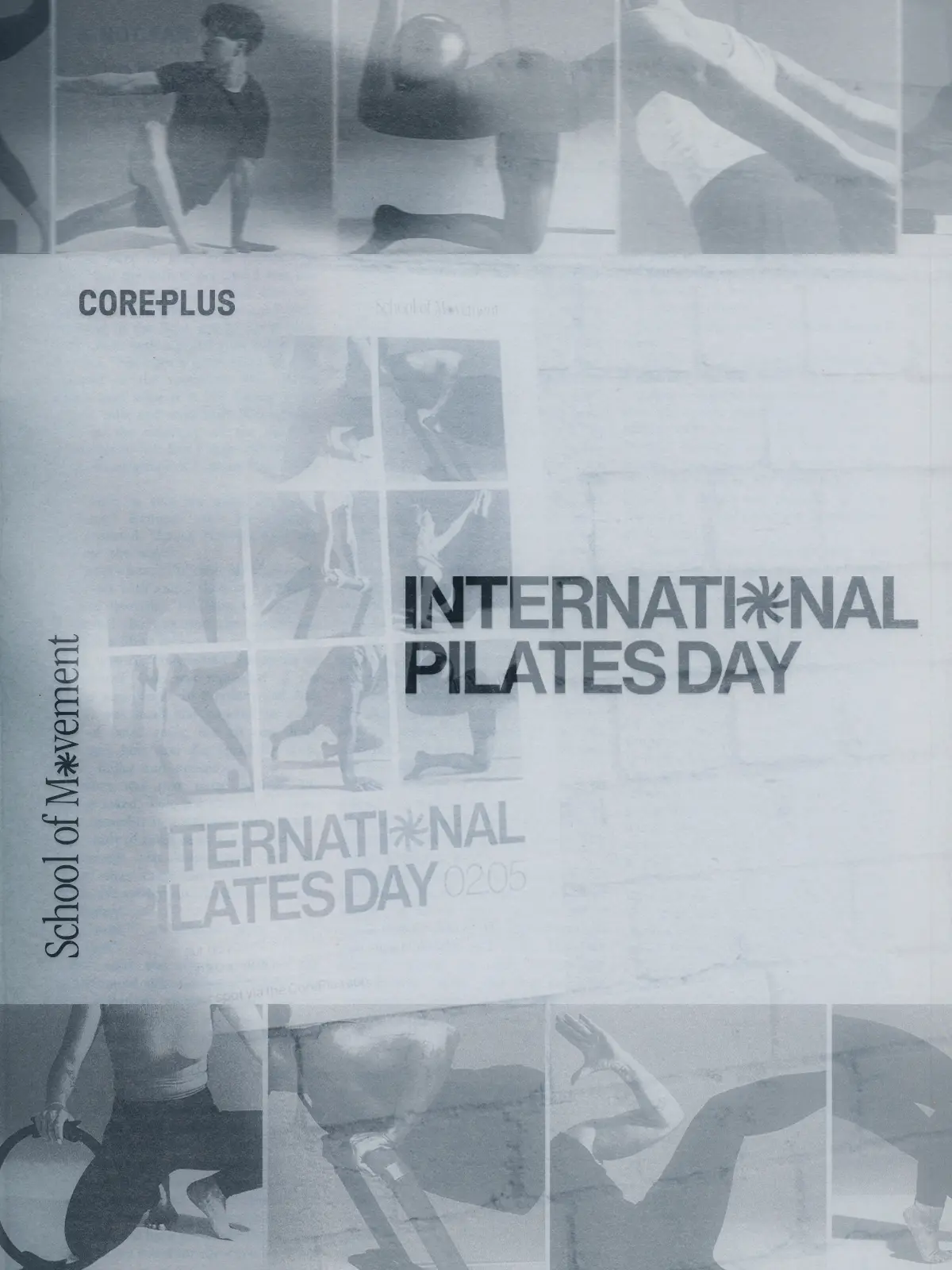 Collage of people performing Pilates exercises with text International Pilates Day and School of Movement.