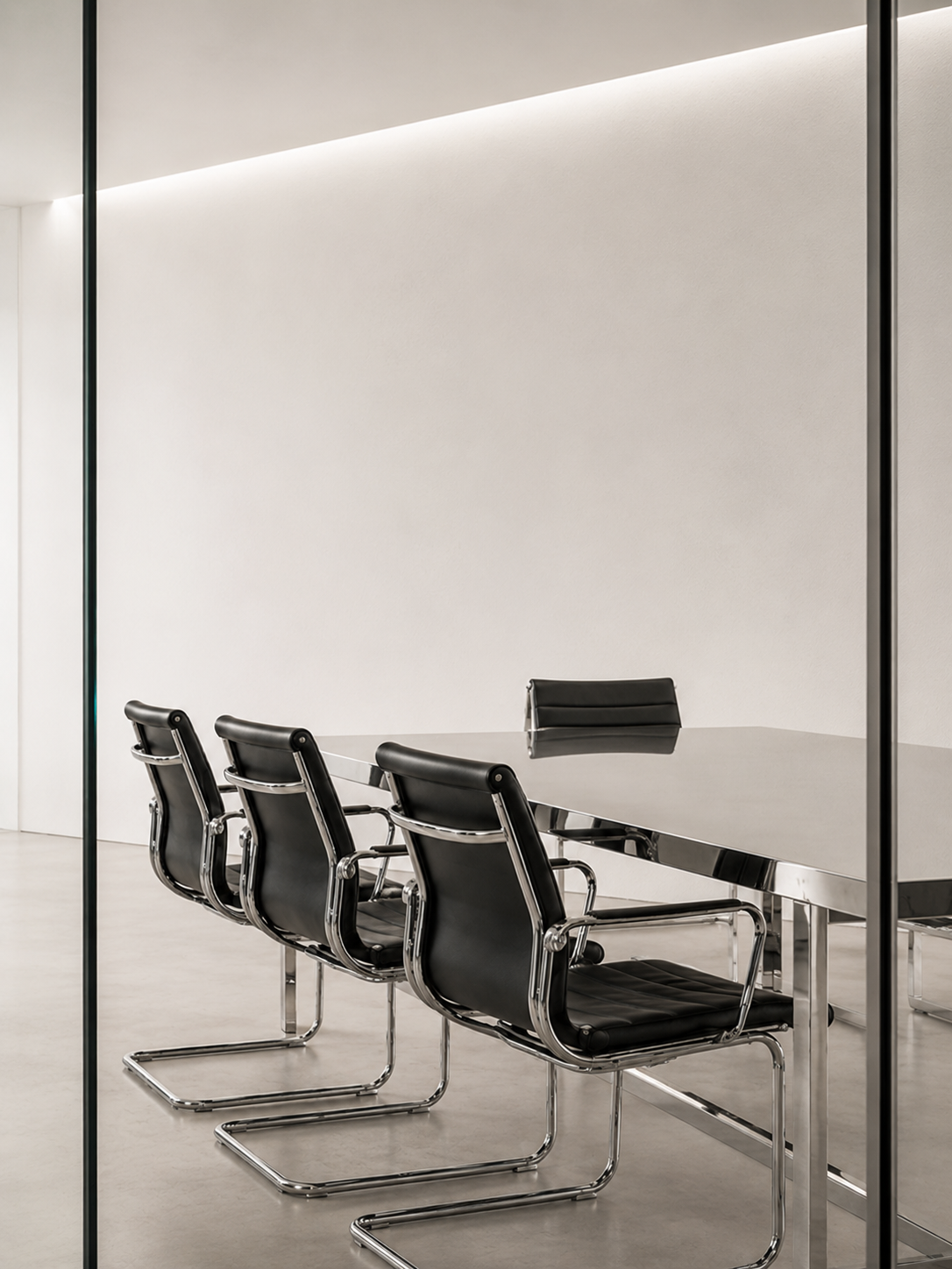 Minimalist Besprechungsraum mit vier schwarzen Lederstühlen und einem rechteckigen Metalltisch.