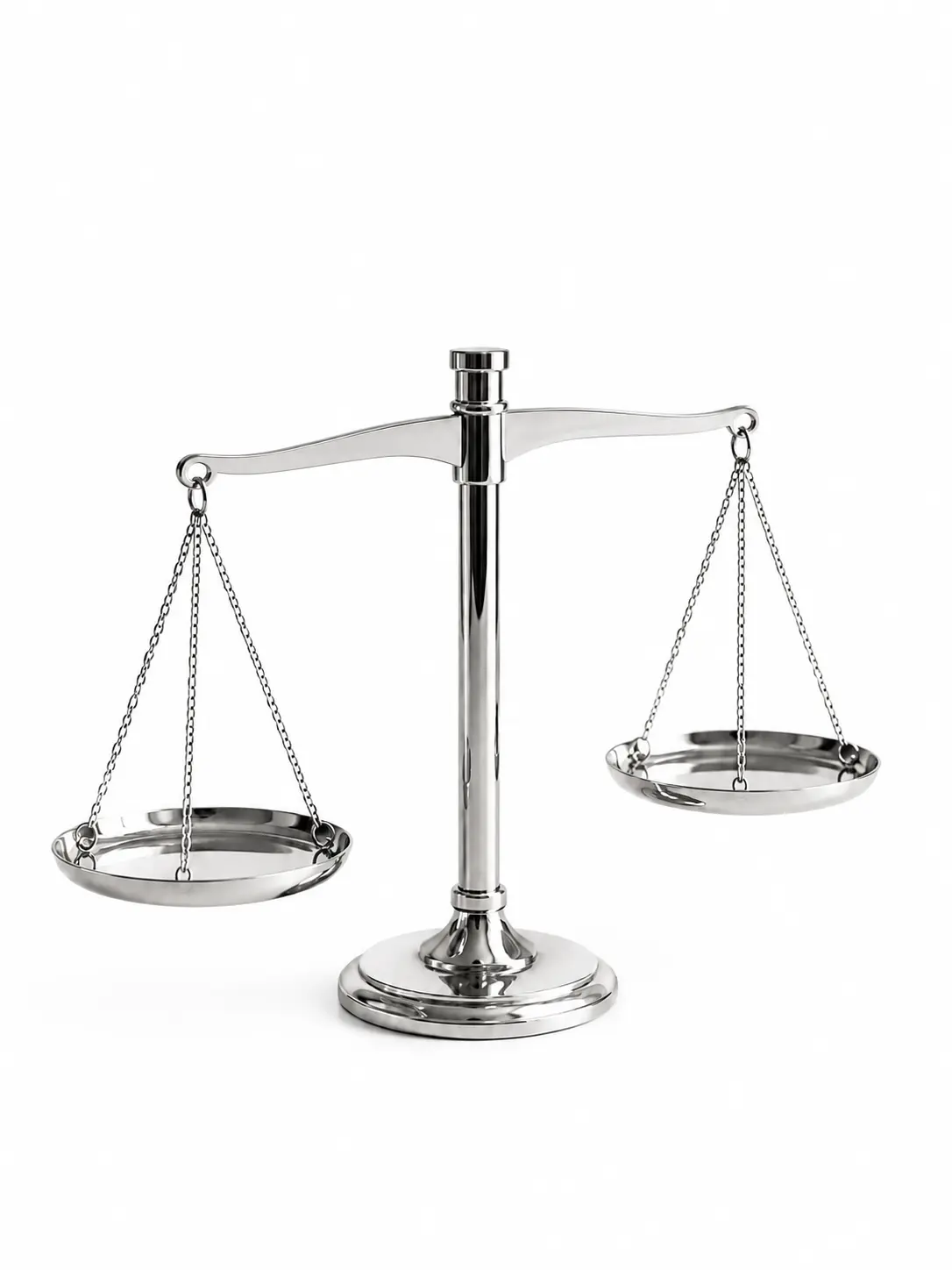 Silberne Waage mit zwei Schalen, eine hängt tiefer, vor dunkelrotem Hintergrund.