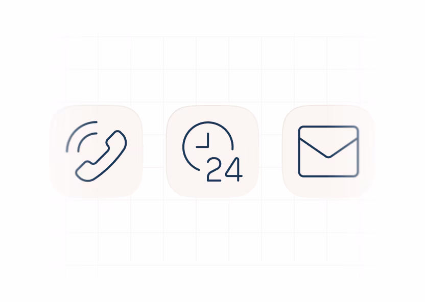 Icons of a ringing phone, a 24-hour clock, and an envelope on rounded square backgrounds.