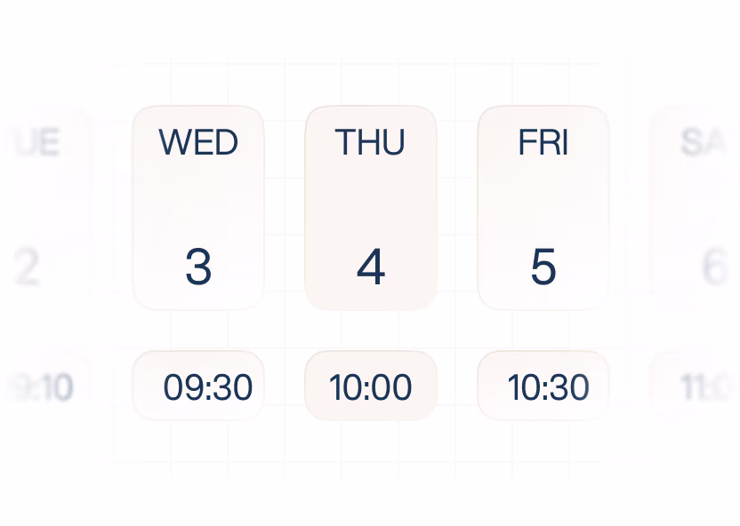 Calendar dates Wednesday 3, Thursday 4, Friday 5 with times 09:30, 10:00, and 10:30 respectively.