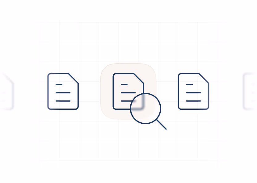 Three document icons with the center one highlighted and a magnifying glass over it on a grid background.