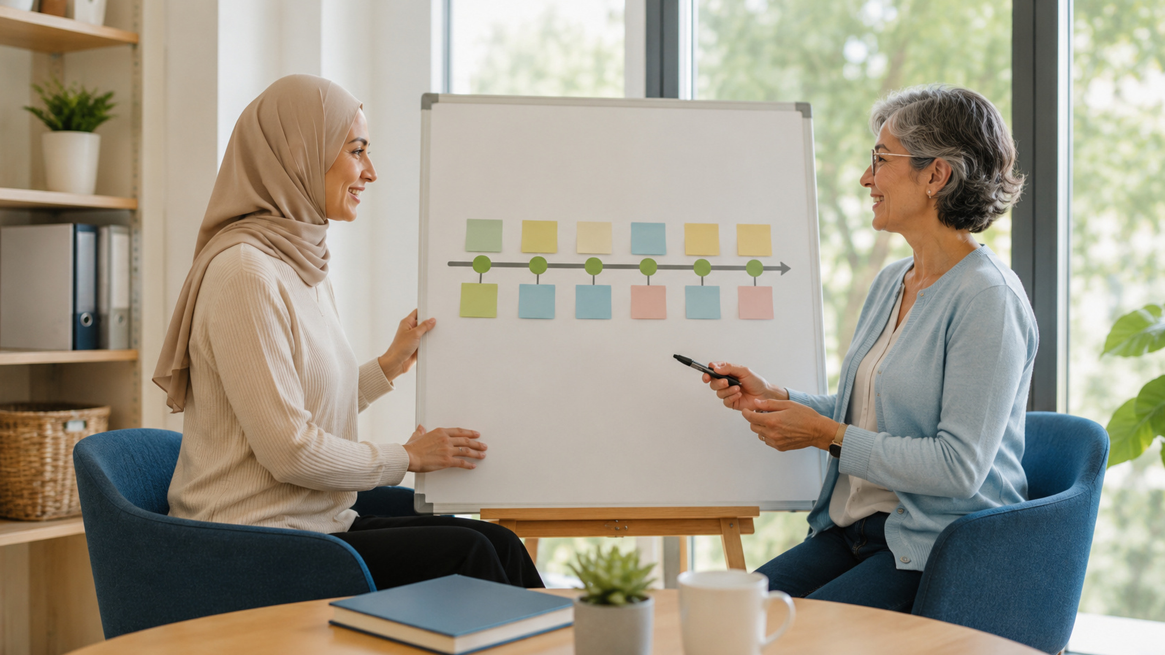 A caregiver and care coordinator review a simple color-coded timeline together.