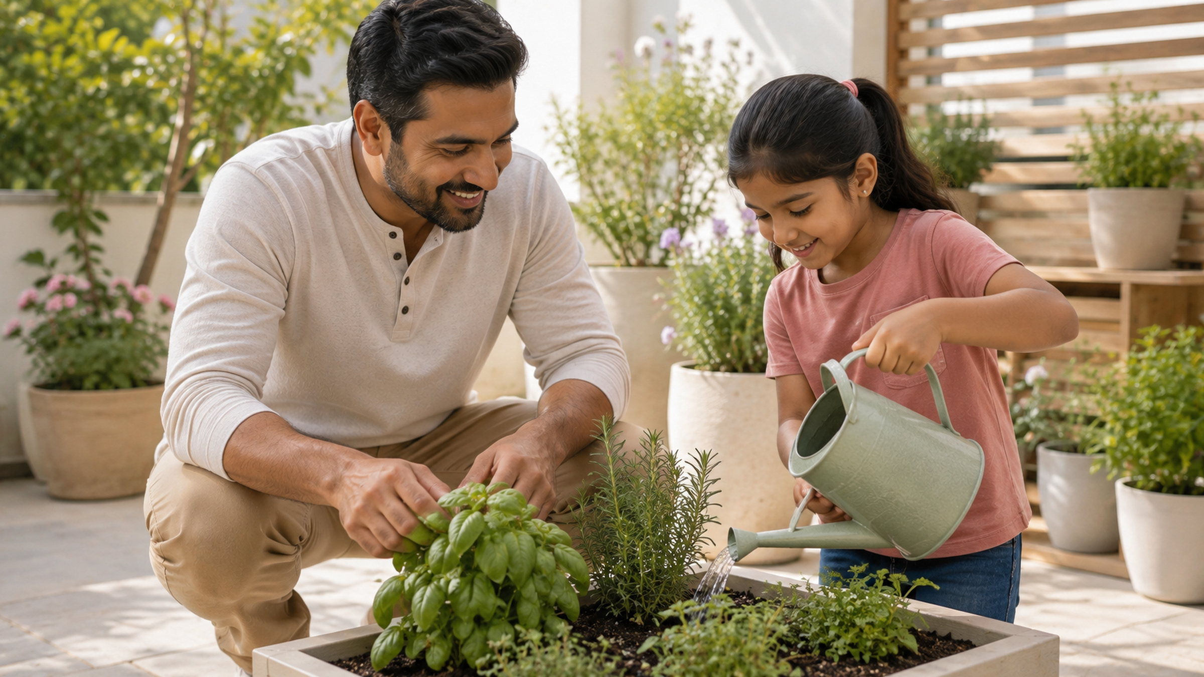 A parent and child water herbs together in a sunlit courtyard garden.