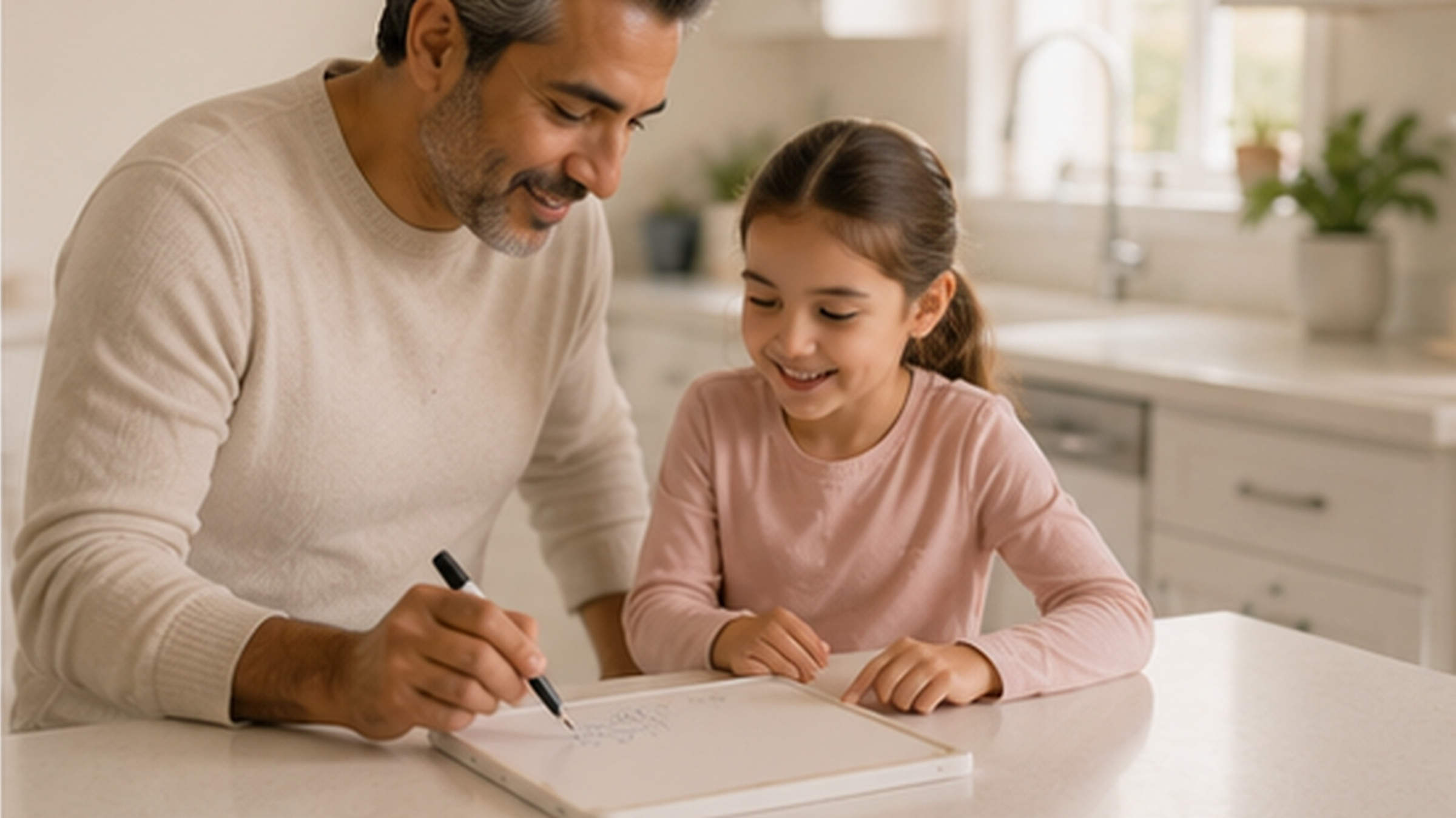A caregiver and child discuss and draw meaningful everyday goals together.