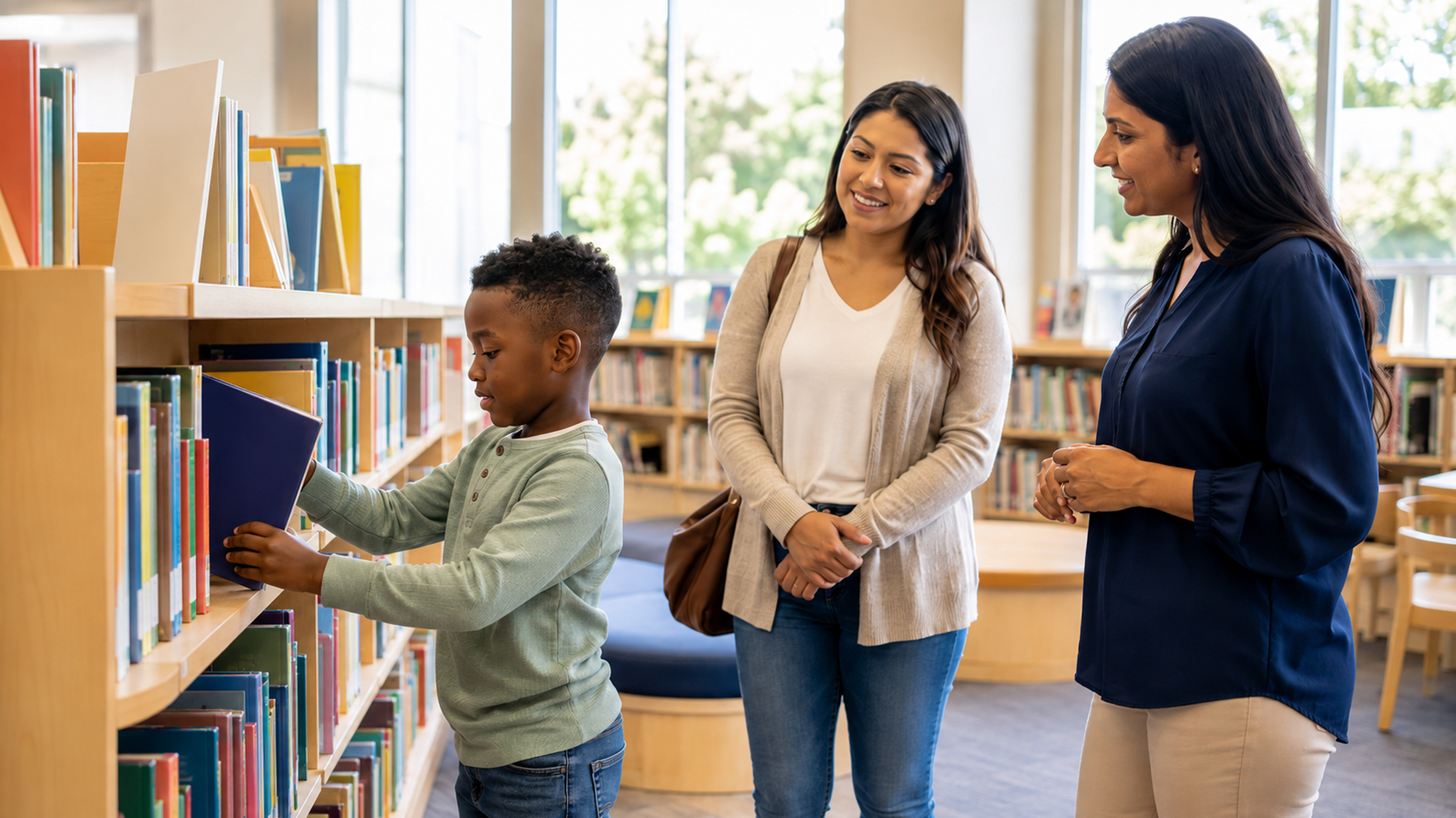 A child selects a book independently in a bright community library while two supportive adults stand nearby.