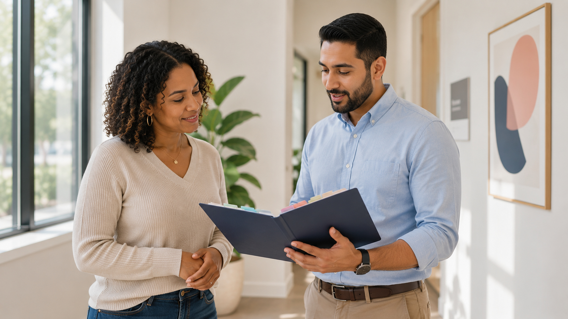 Two adults reviewing a multi-page document together at a home table.