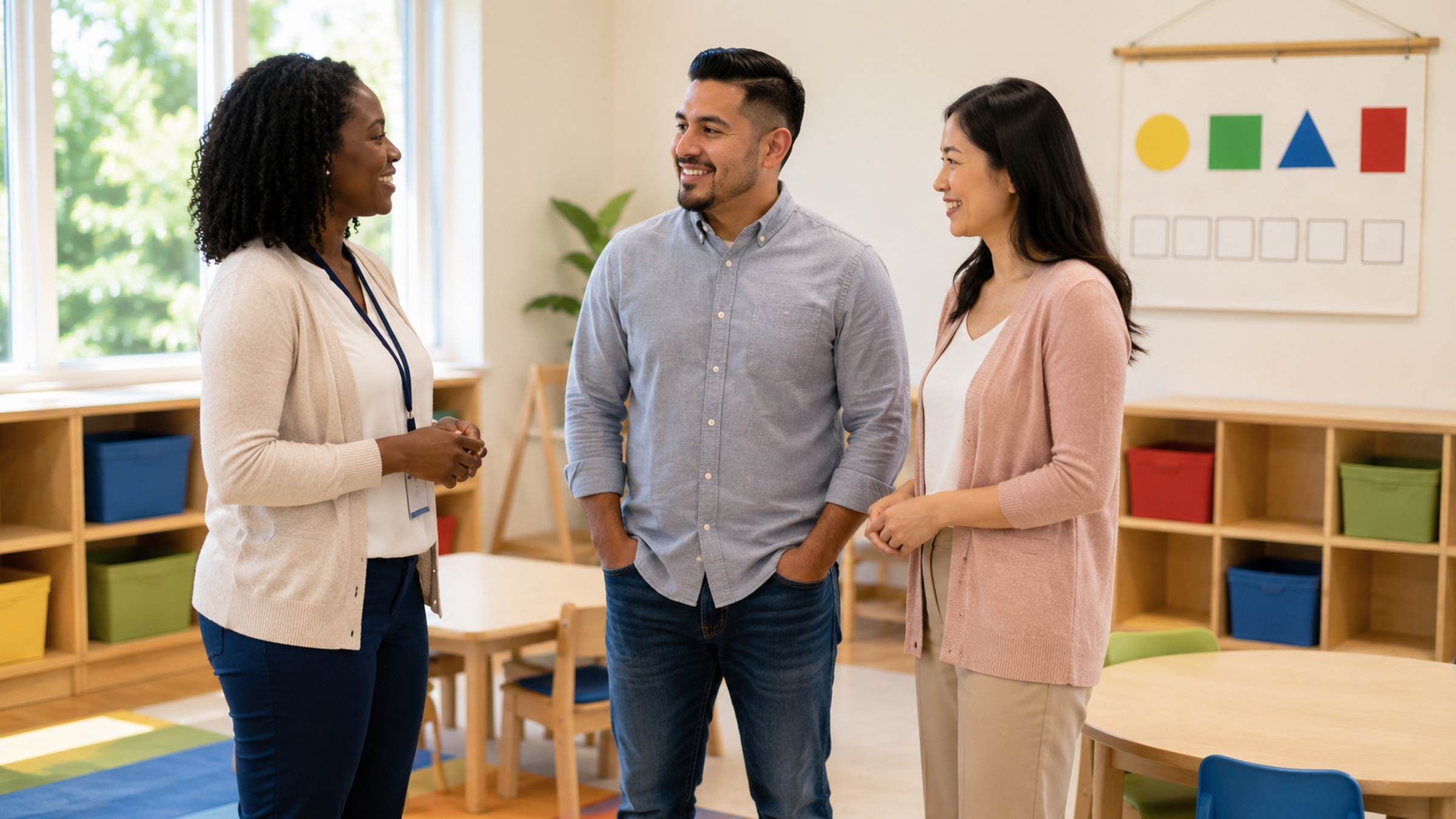 Three adults have a collaborative conversation in a bright early-learning classroom with child-sized activity areas in the background.