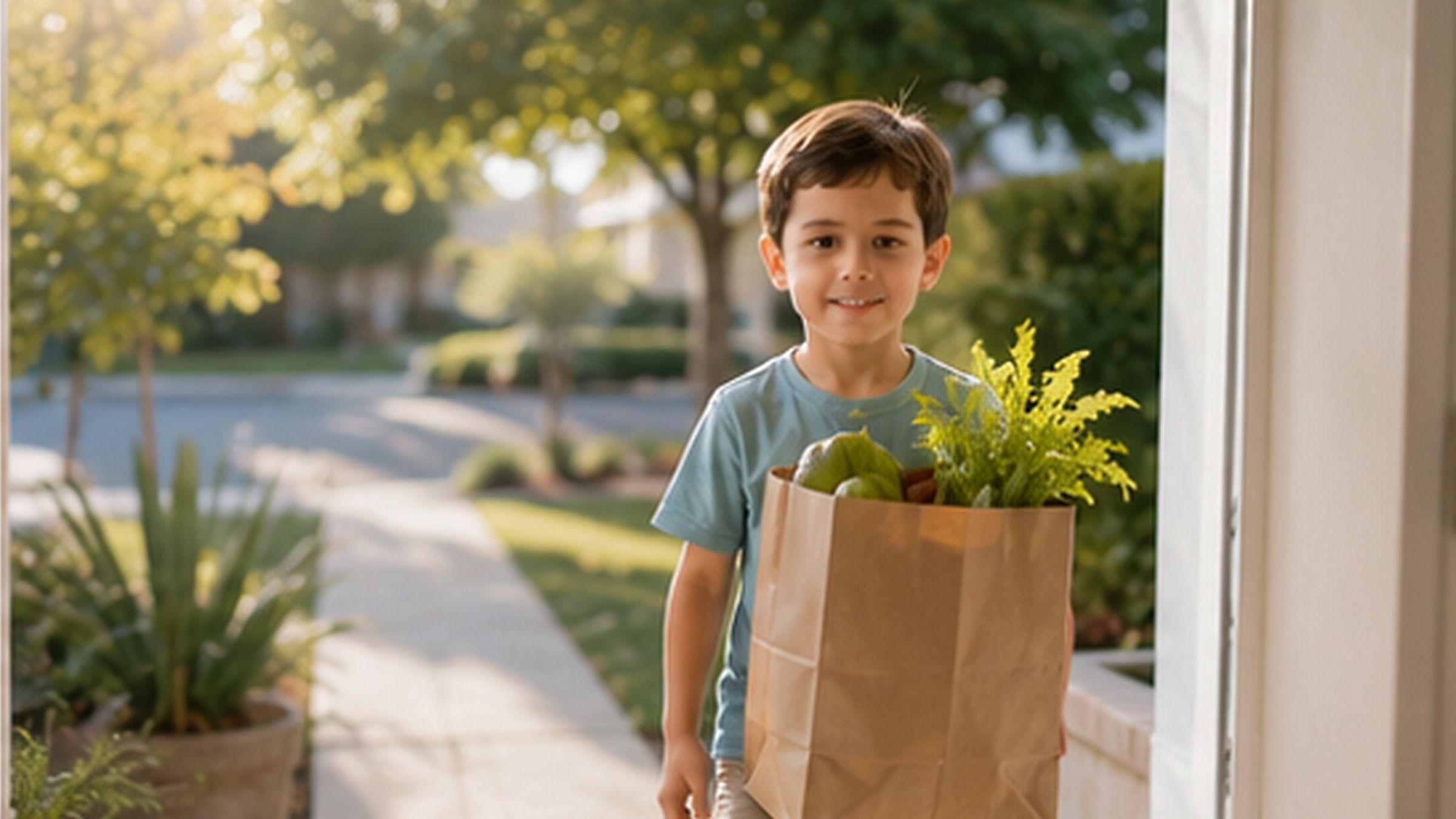 A child carries a bag of groceries to the front door of a home.