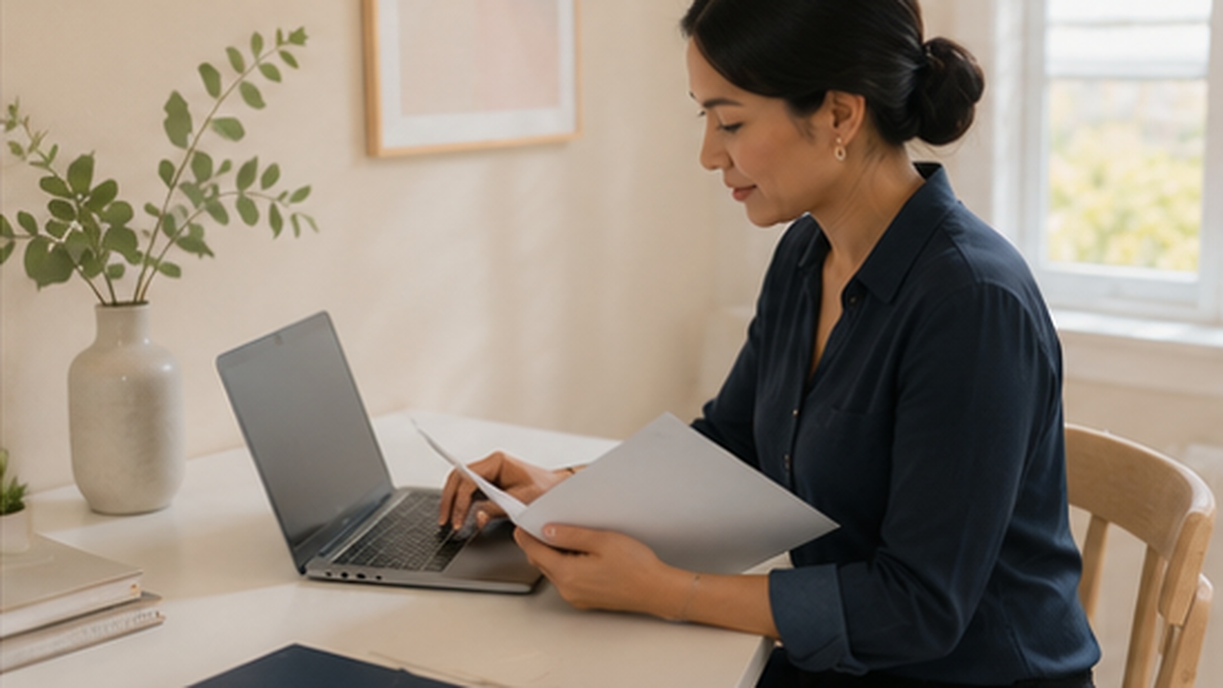 A professional reviews secure records in a bright, privacy-conscious workspace.