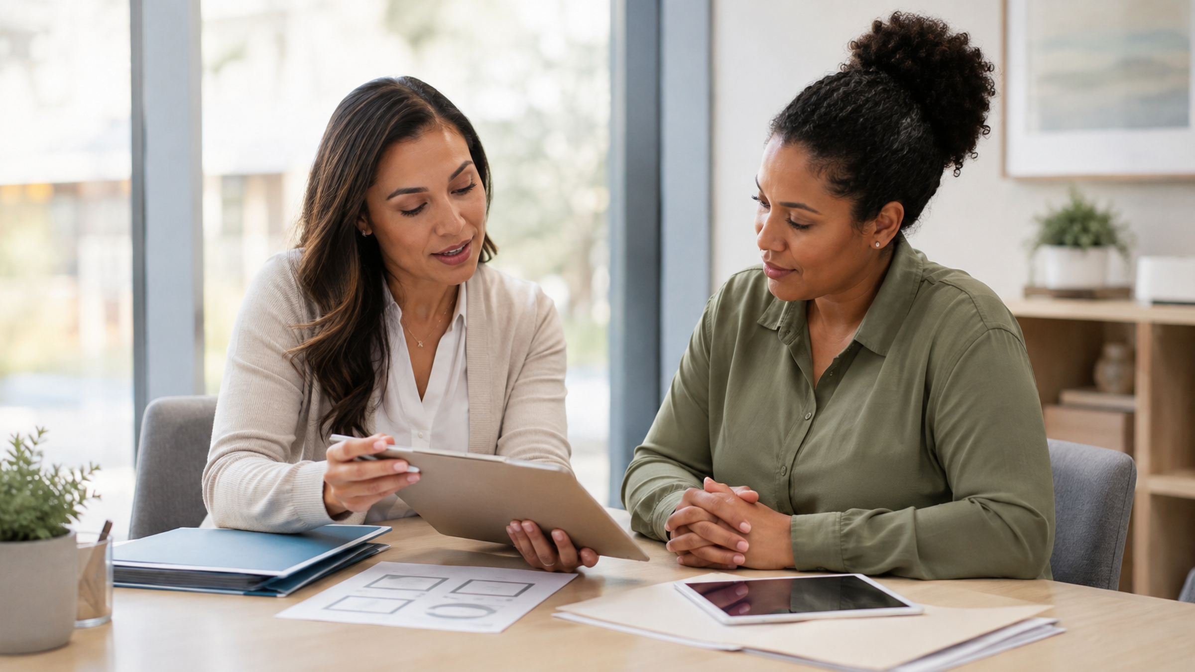 A caregiver and case manager calmly review requested information together.