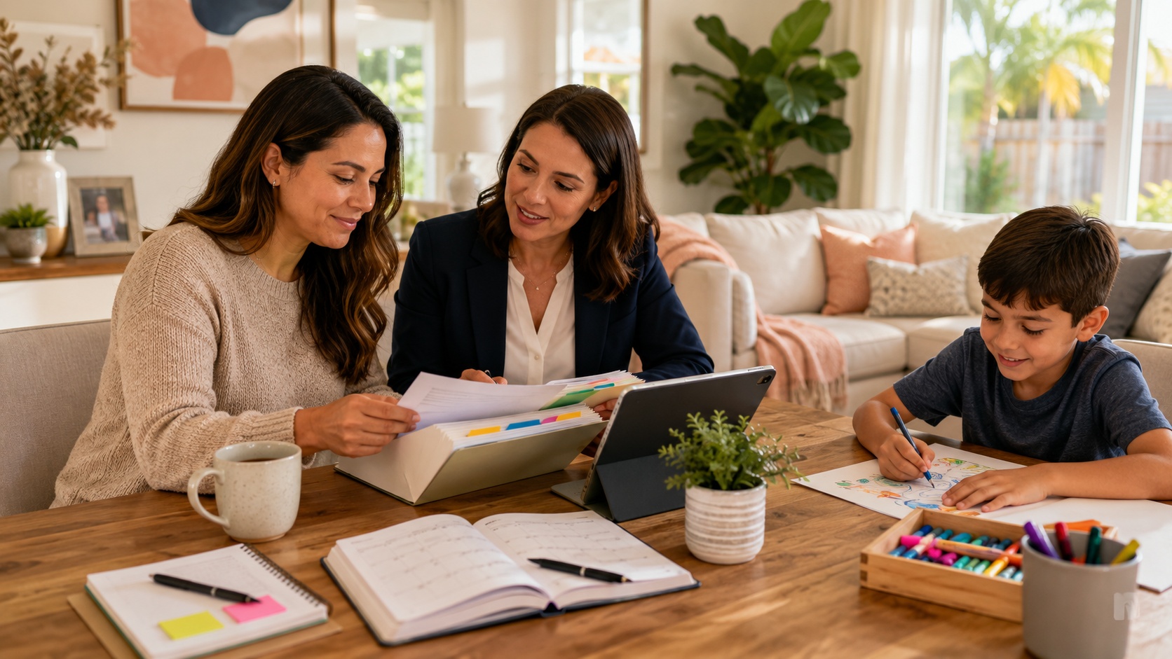 Two adults review a tabbed binder and tablet at a sunlit dining table while a child colors nearby.