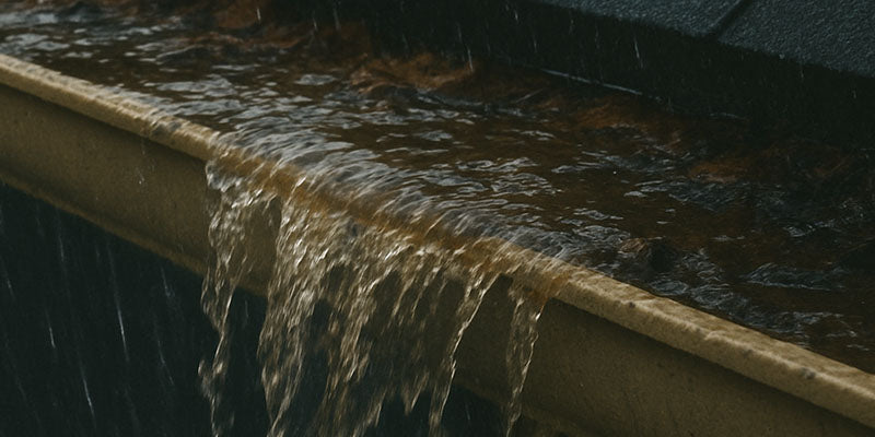 Clogged gutters in Cleveland, Ohio filled with fall leaves near Lake Erie