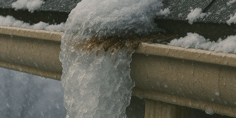 Ice dam forming inside a Cleveland home’s gutter during winter freeze