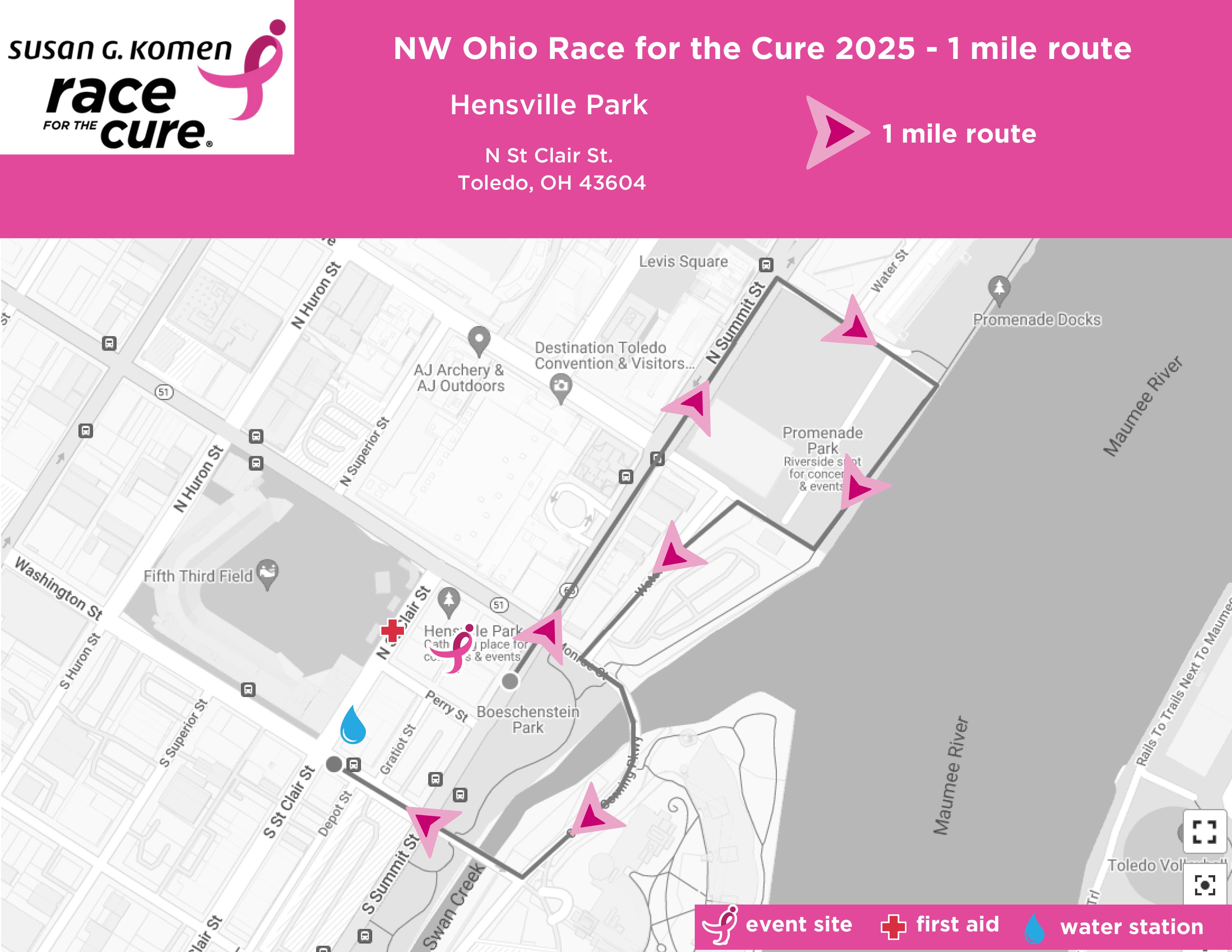 Official course map for the 2025 Komen Northwest Ohio 1mi Walk for the Cure in Toledo.