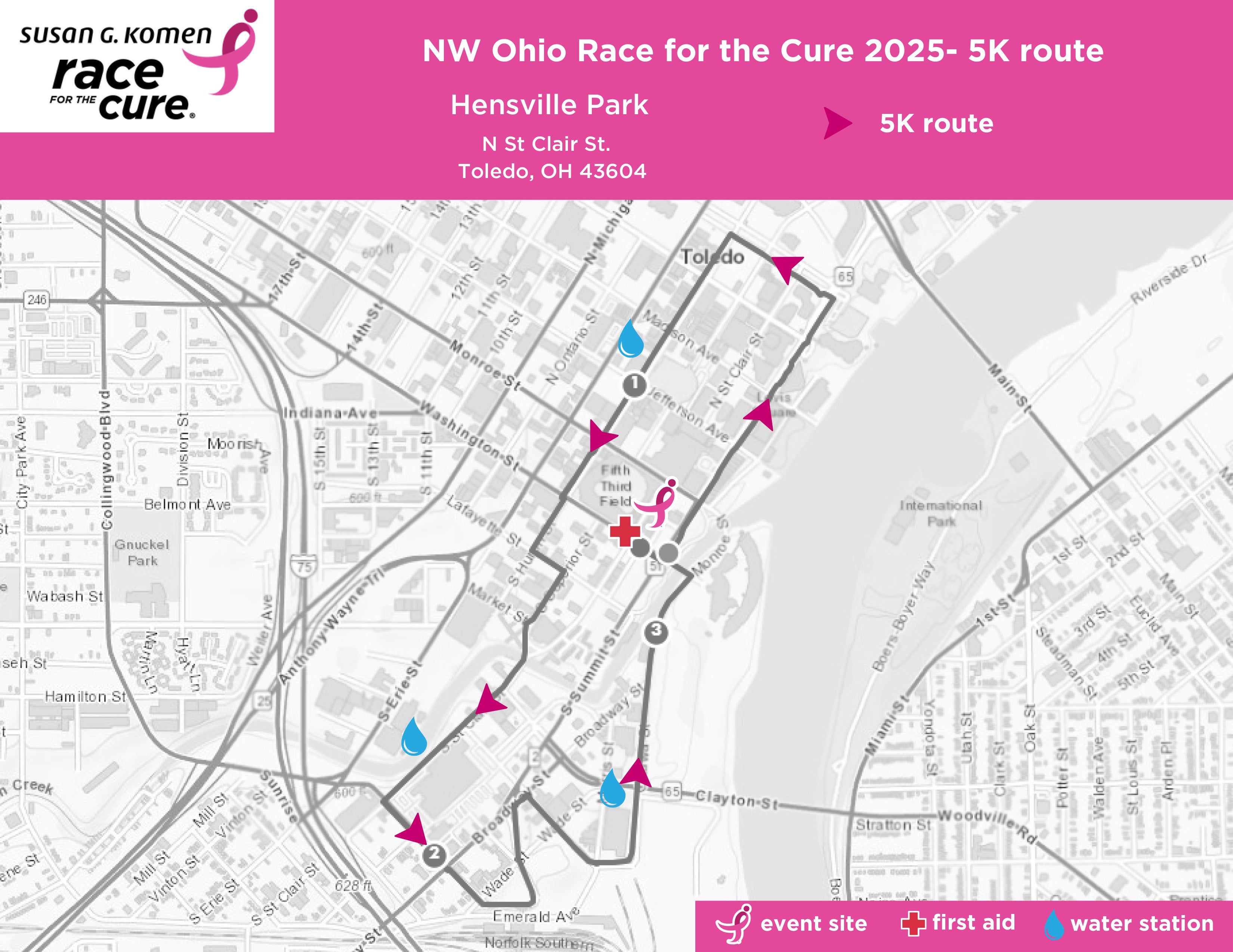 Official course map for the 2025 Komen Northwest Ohio 5K Race for the Cure in Toledo.