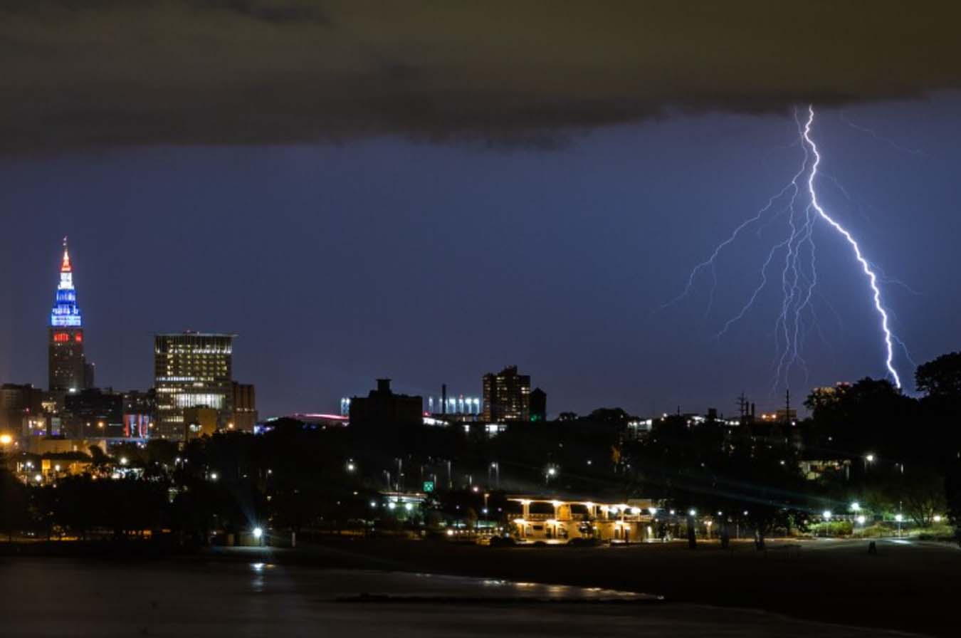 City skyline with lightning strike during a storm