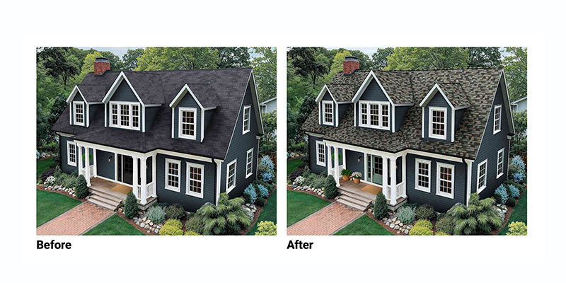 before and after house home evergreen mist shingles color of the year owens corning fiberglass asphalt roof