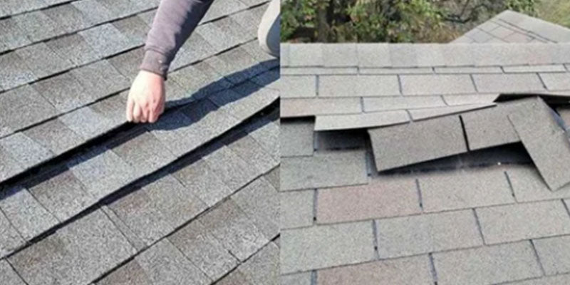 Two images of roof shingles; one with a hand touching the shingle, the other showing a roof with multiple shingles.
