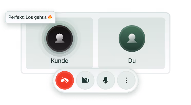 Video call screen showing two user icons labeled Kunde and Du with call control buttons below.