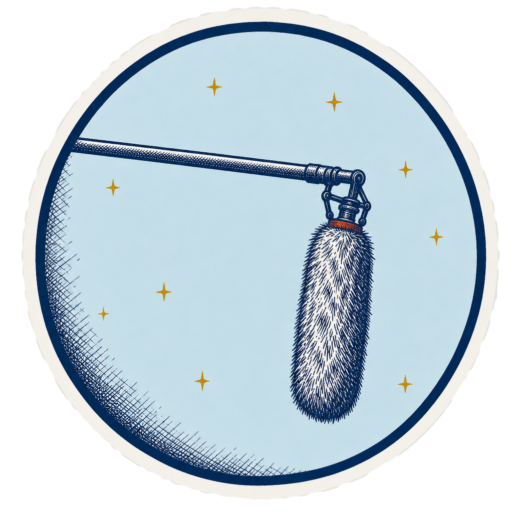 Microphone on a boom pole hanging down inside of a circle.