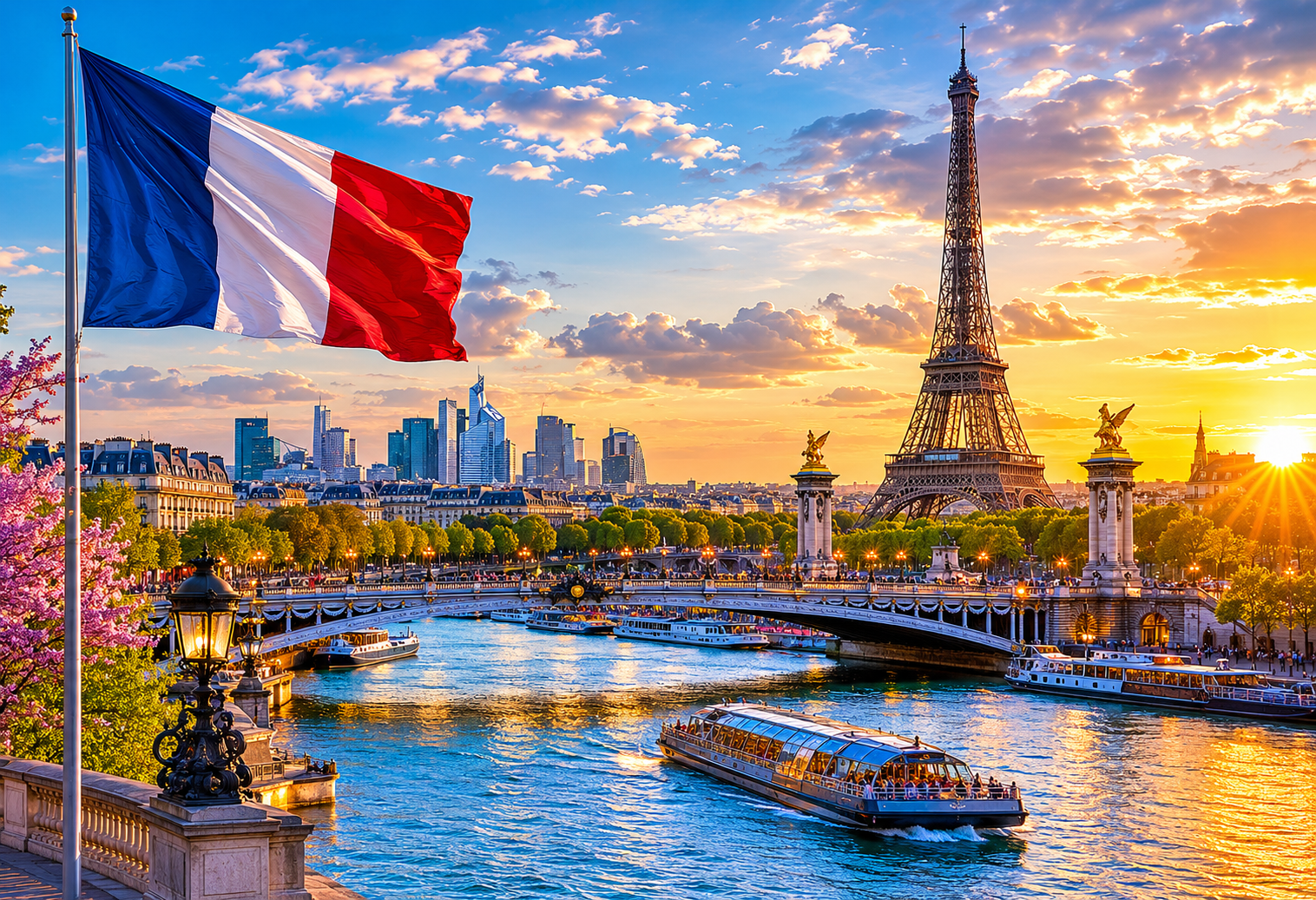 French flag waving near Seine River with Eiffel Tower and sunset in Paris cityscape.