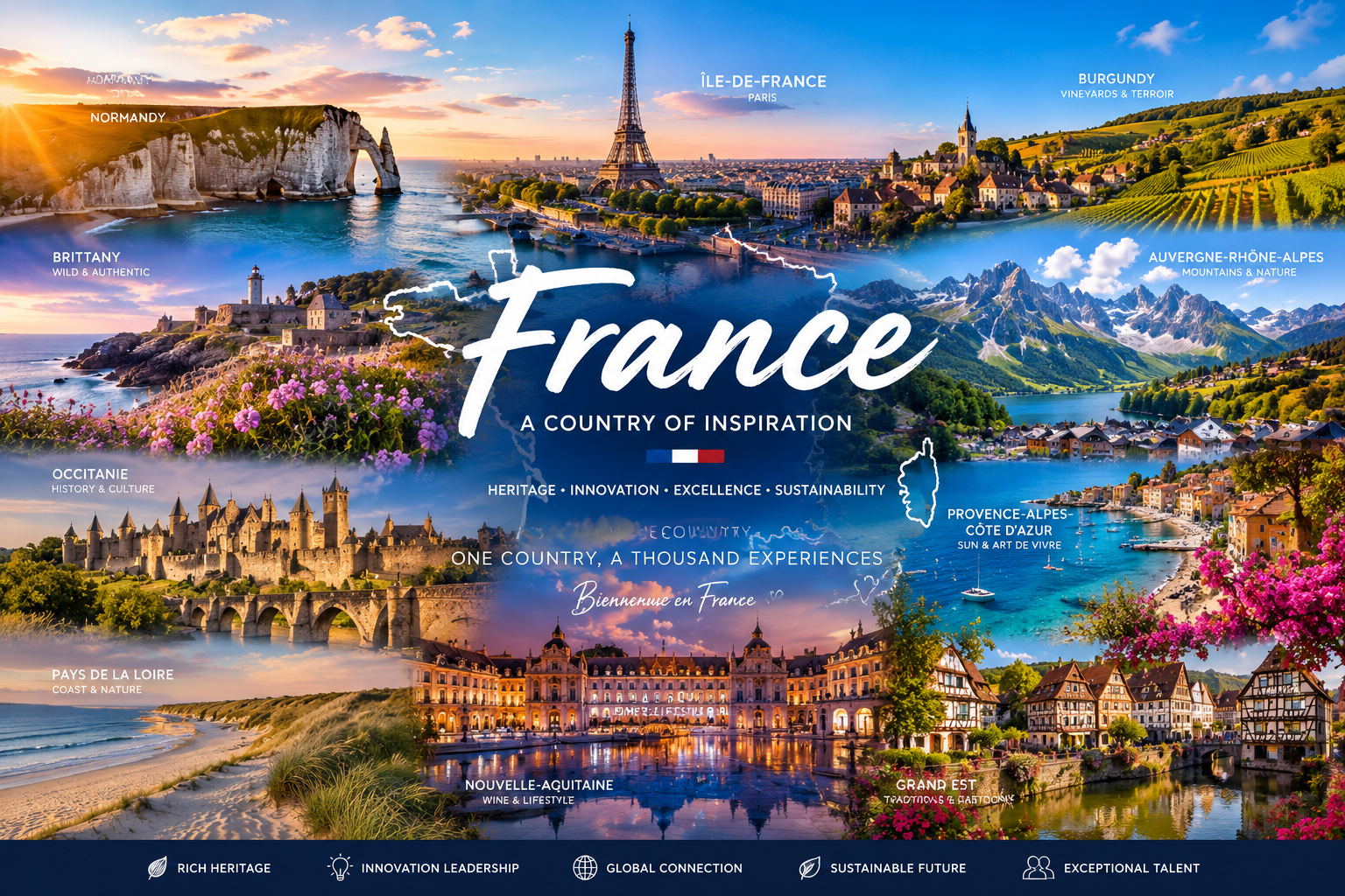 Collage of iconic France regions: Eiffel Tower, coastline, vineyards, mountains, castles, and villages.