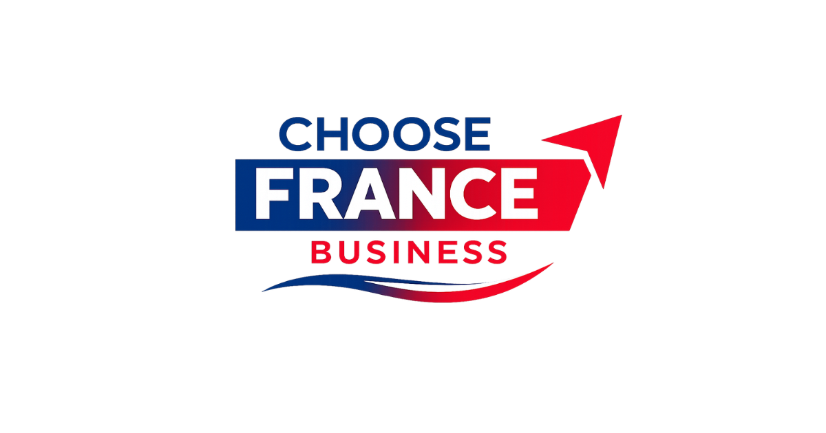 Logo with words 'Choose France Business' in blue and red colors with an upward arrow.