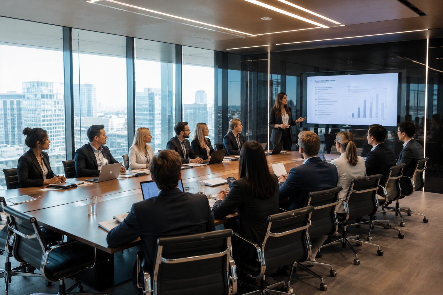 Businesswoman presents data on screen to a team seated around a large conference table.