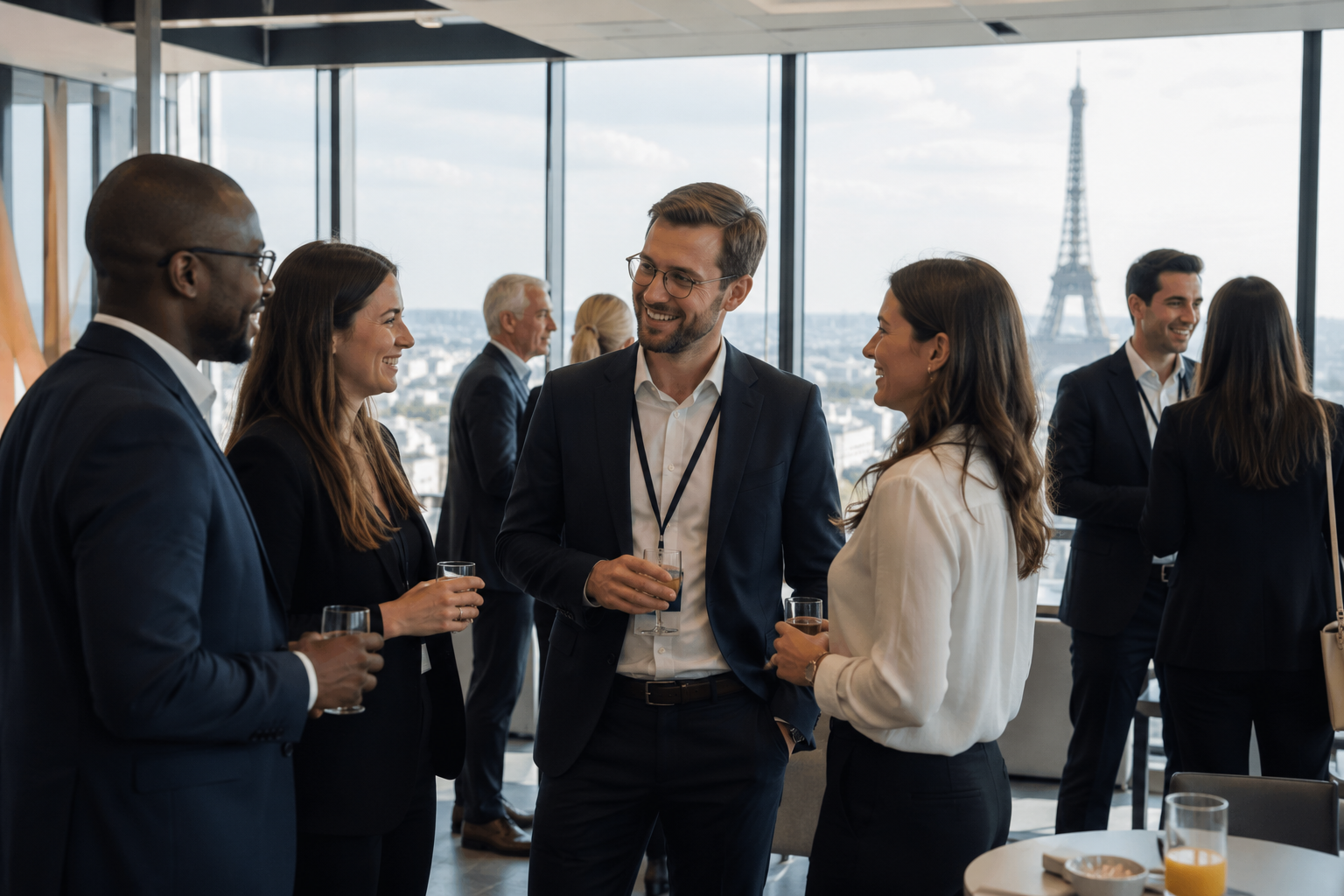 Professionals in business attire networking and talking with drinks in office with Eiffel Tower view.