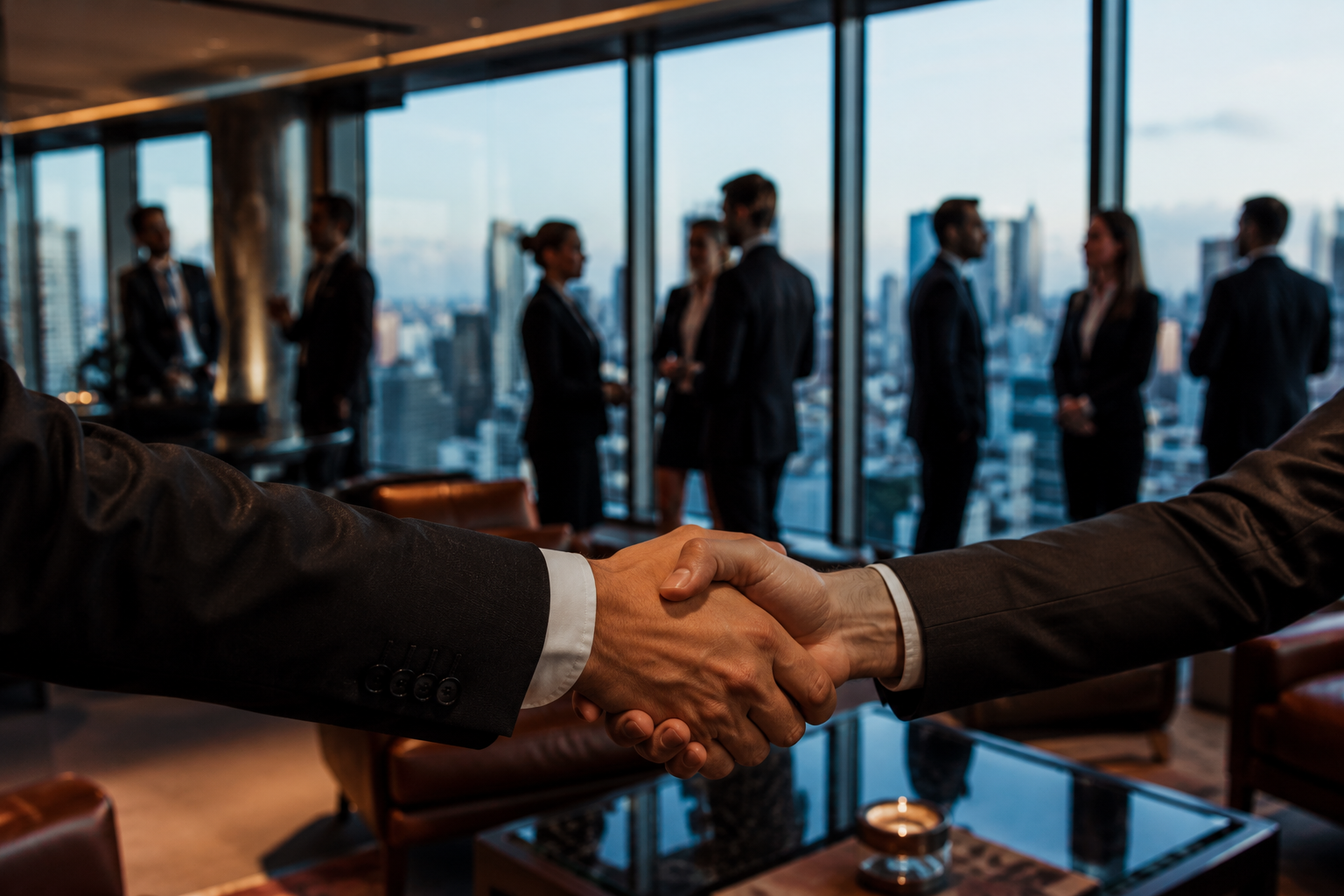 Close-up of two business people shaking hands in a modern office with a city skyline background.