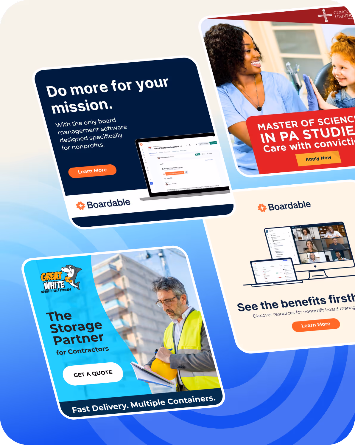 Four ads: Boardable nonprofit software, PA Studies master, Great White storage for contractors, Boardable benefits.