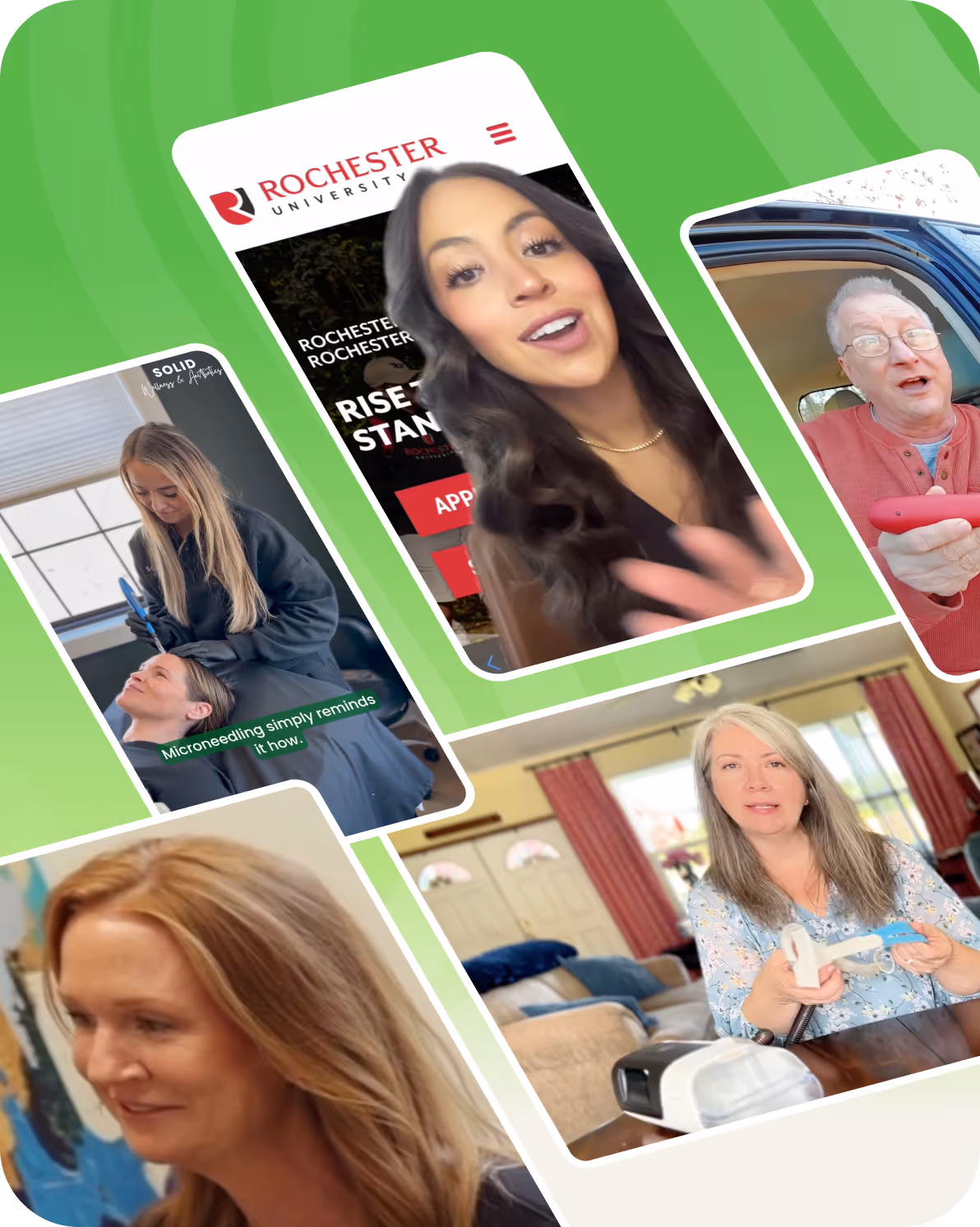 Collage of five photos showing people in various activities including microneedling and speaking on video.