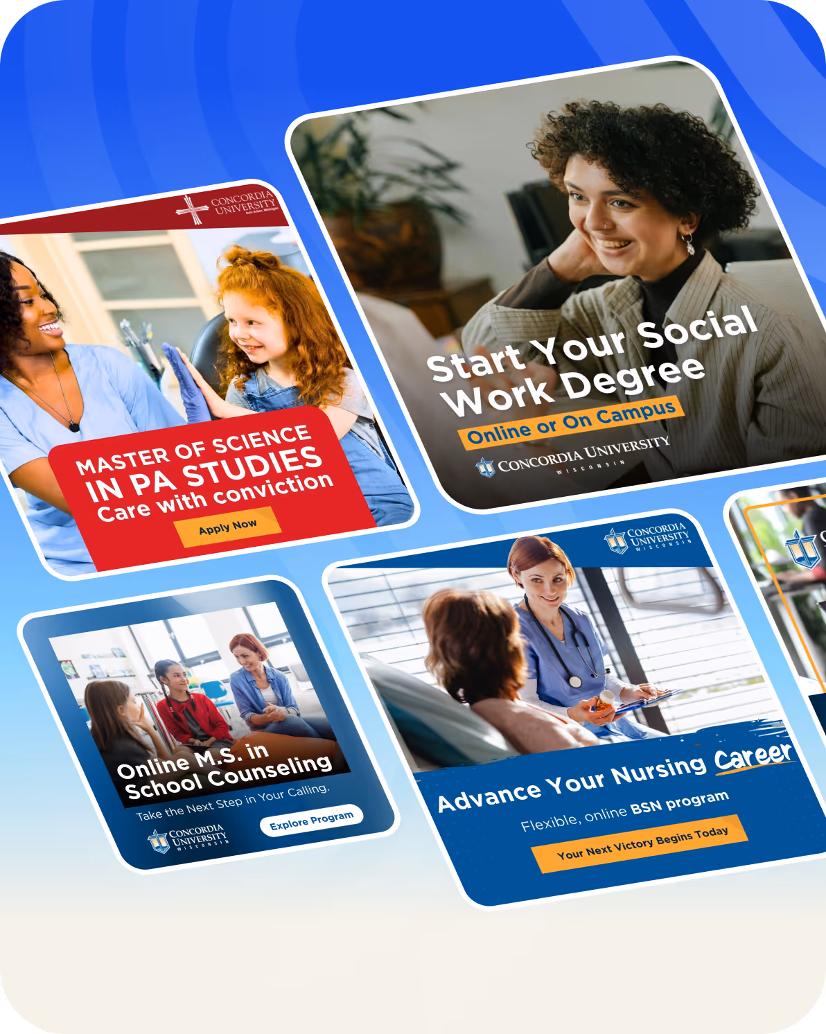 Collage of Concordia University degree ads: PA studies, social work, school counseling, and nursing programs.
