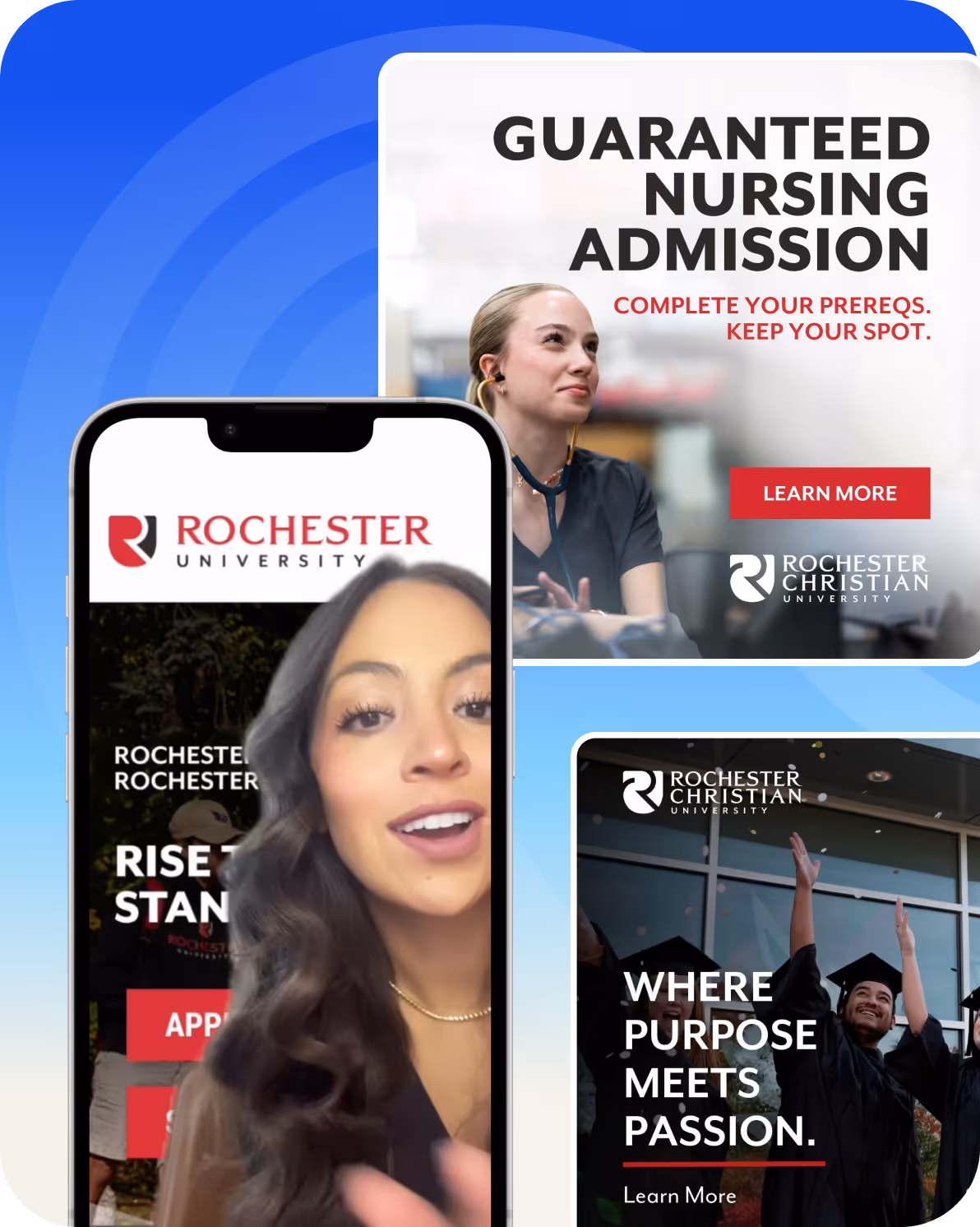 Rochester Christian University nursing admission, student speaking on phone, and graduates throwing caps.