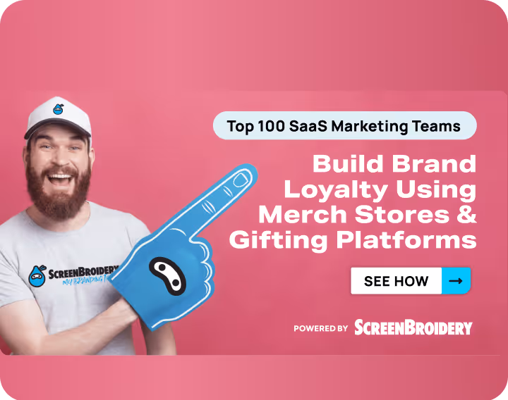 Smiling man wearing ScreenBroidery cap and shirt with giant foam finger pointing at brand loyalty message.
