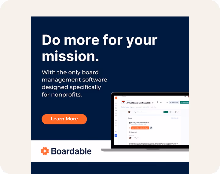Advertisement for Boardable nonprofit board management software featuring a laptop and a Learn More button.