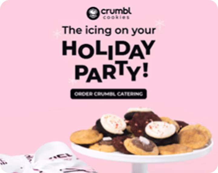 Plate of assorted holiday cookies with Crumbl Cookies logo and text promoting holiday party catering.