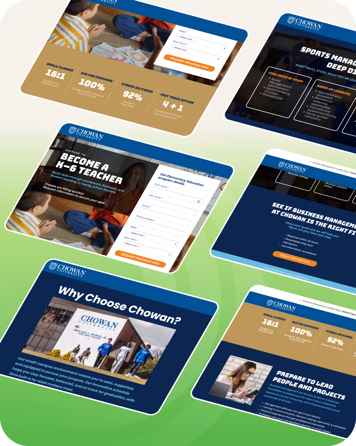 Chowan University landing pages showing programs like K-6 teacher, sports management, business, and campus benefits.