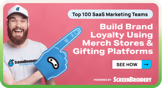 Smiling man wearing ScreenBroidery cap and shirt points with blue foam finger to SaaS marketing text.