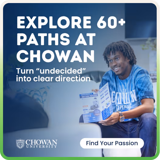 Smiling student holds a brochure with text promoting 60+ paths at Chowan University.