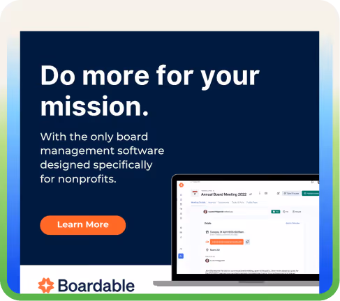 Boardable ad: Do more for your mission with board management software for nonprofits, and a Learn More button.