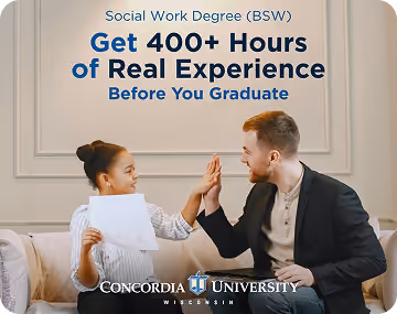 Child holding paper gives a high five to a man sitting on a couch, promoting social work degree.