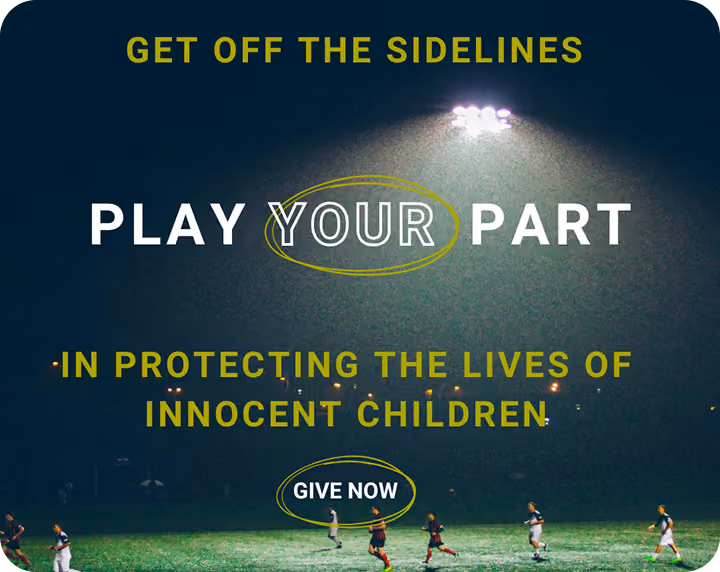 Night soccer game under bright lights with text urging to play your part protecting children.