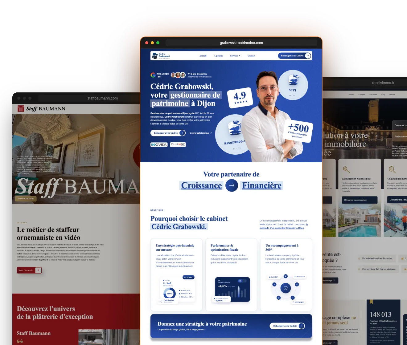 Pages d'accueil des sites Cédric Grabowski, Staff Baumann et Résolv'immo réalisés par Elix Marketing