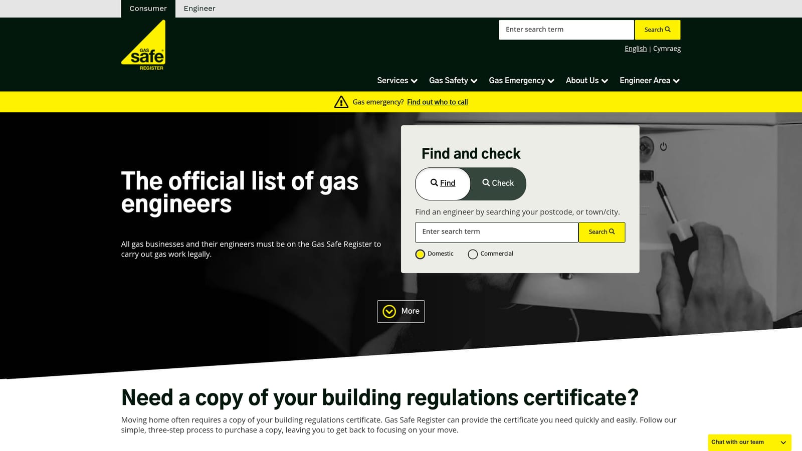 Screenshot of Gas Safe Register — Engineer Verification Tool website