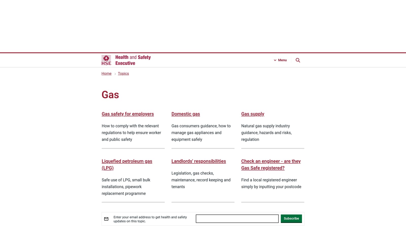 Screenshot of HSE Gas Safety Guidance Hub website